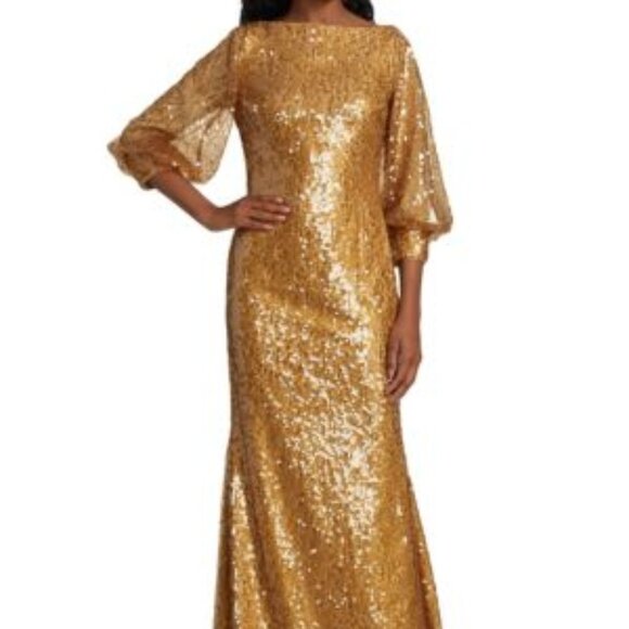 Badgley Mischka Odessa Gold Sequin Gown | Size 4 | Elegant Evening Formal Dress - Picture 3 of 12